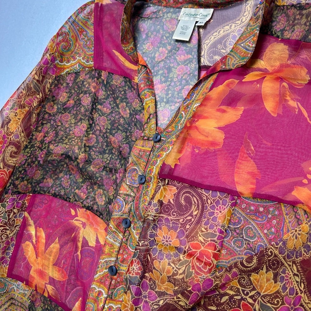 Coldwater Creek Silk Patchwork Floral Paisley Long Sleeve Sheer Blouse Women XL - Picture 5 of 13